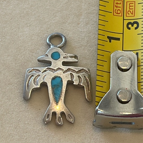 Vintage Zuni Native American Handmade Silver Turquoise Thunderbird Pendant Charm - Picture 6 of 7